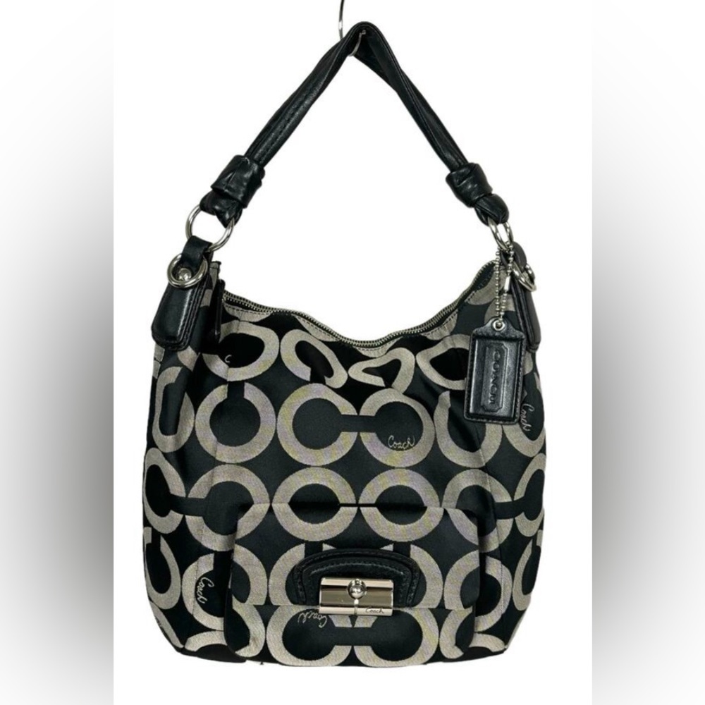 Coach Kristin Sateen Op Art Hobo Bag Black Gray Large Handbag Purse